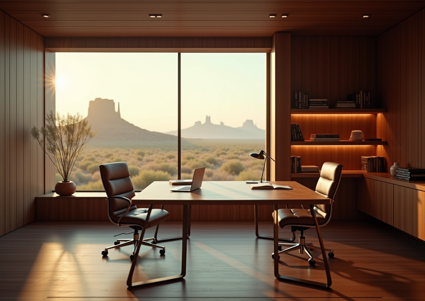 Michael Pro Services office in Cathedral City — wooden desk with desert mountain view through window
