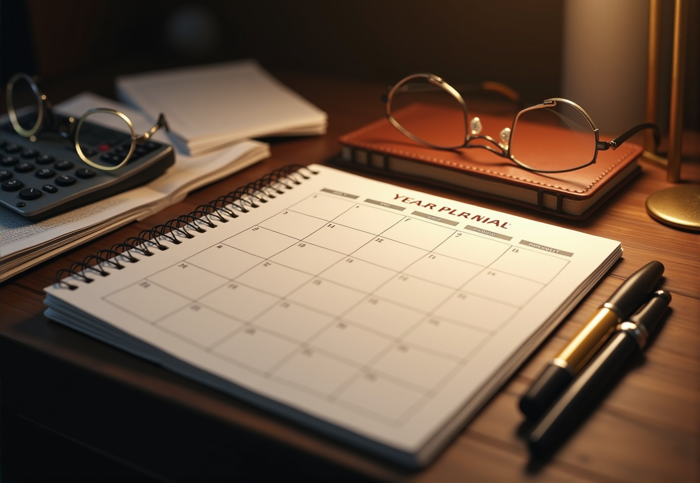 Tax planning materials — year planner, reading glasses, and fountain pen on a wooden desk